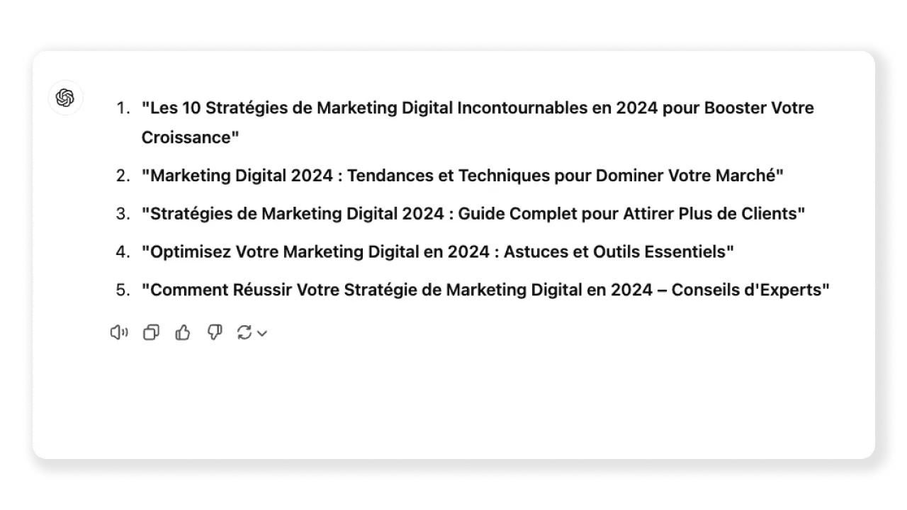Chatgpt Génère 5 titres accrocheurs optimisés pour le SEO sur les stratégies de marketing digital en 2024