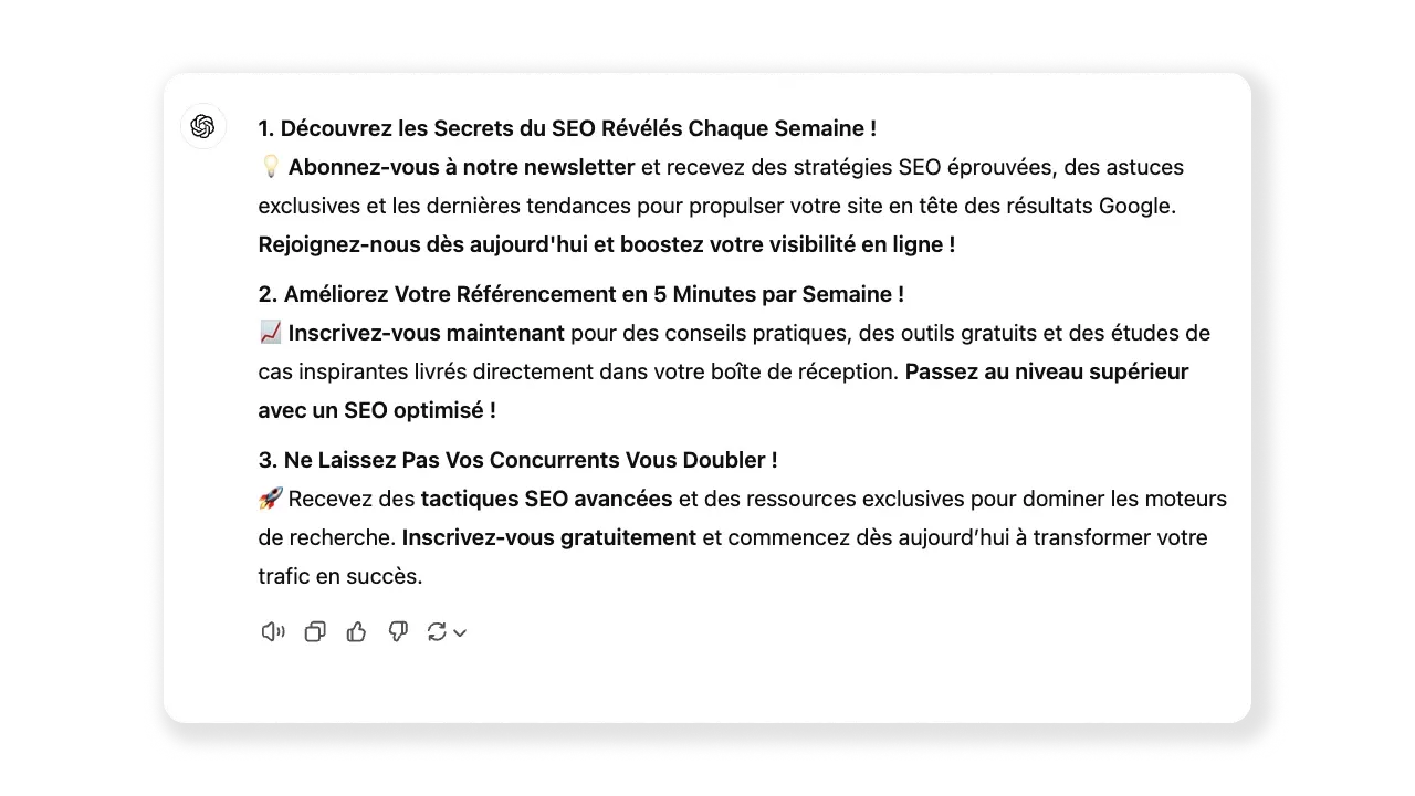 chatgpt Rédige 3 appels à l’action engageants pour inciter les lecteurs à s’inscrire à une newsletter sur le SEO.