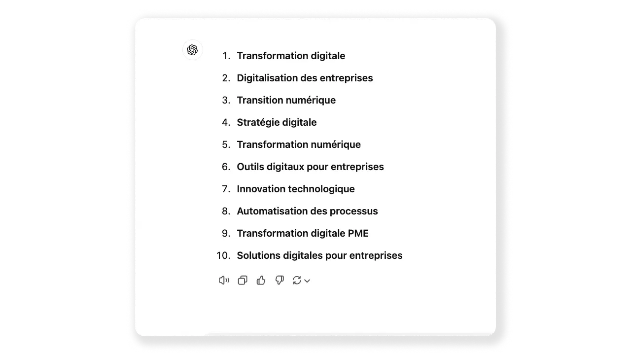 chatgpt Identifie 10 mots cles SEO lies à la transformation digitale des entreprises.