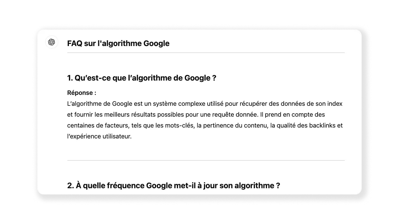 Chatgpt Génère une liste de questions fréquentes sur l'algorithme Google et leurs réponses.